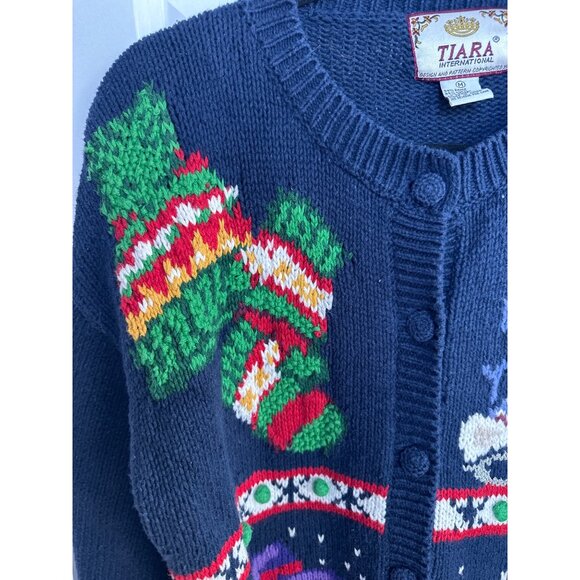 Vtg. 90's Winter Cardigan Sweater Hand Knit Snowman Ice Skates 3D Wearable Art - Picture 3 of 13